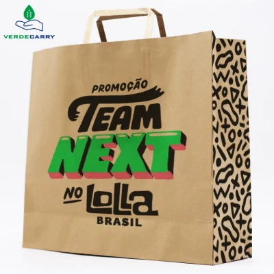 Personalizar tu propio logotipo Imprimir llevar Bolsa para Restaurante To Go Fast Food biodegradable Takeaway <a href='/bolsa-de-papel/'>Bolsa de papel</a> Kraft con Asa plana