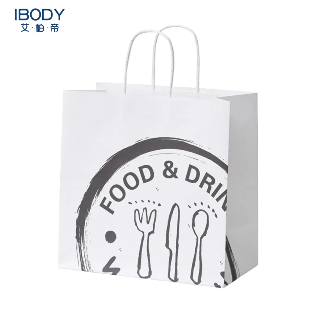 White Kraft Paper Gift Packaging Shopping Craft Paper Bag with Logo Printing Pizza Food Takeaway Bag