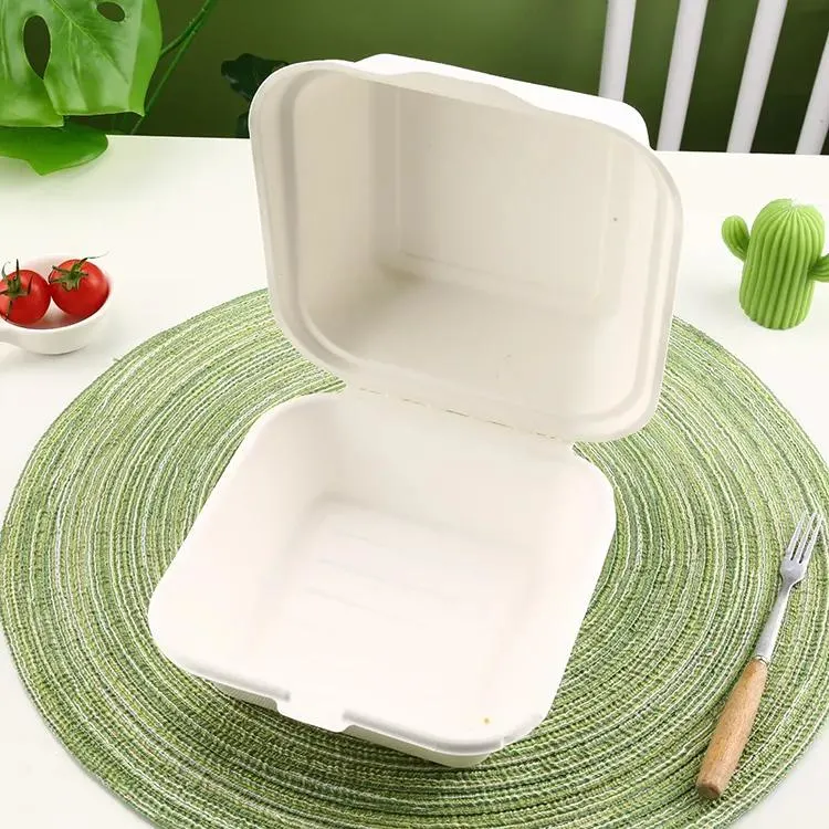 Disposable Compostable Bagasse Biodegradable Quality 5&quot; X 5&quot; Clamshell Burger Box