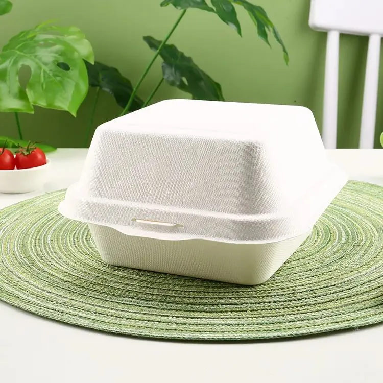 Disposable Compostable Bagasse Biodegradable Quality 5&quot; X 5&quot; Clamshell Burger Box