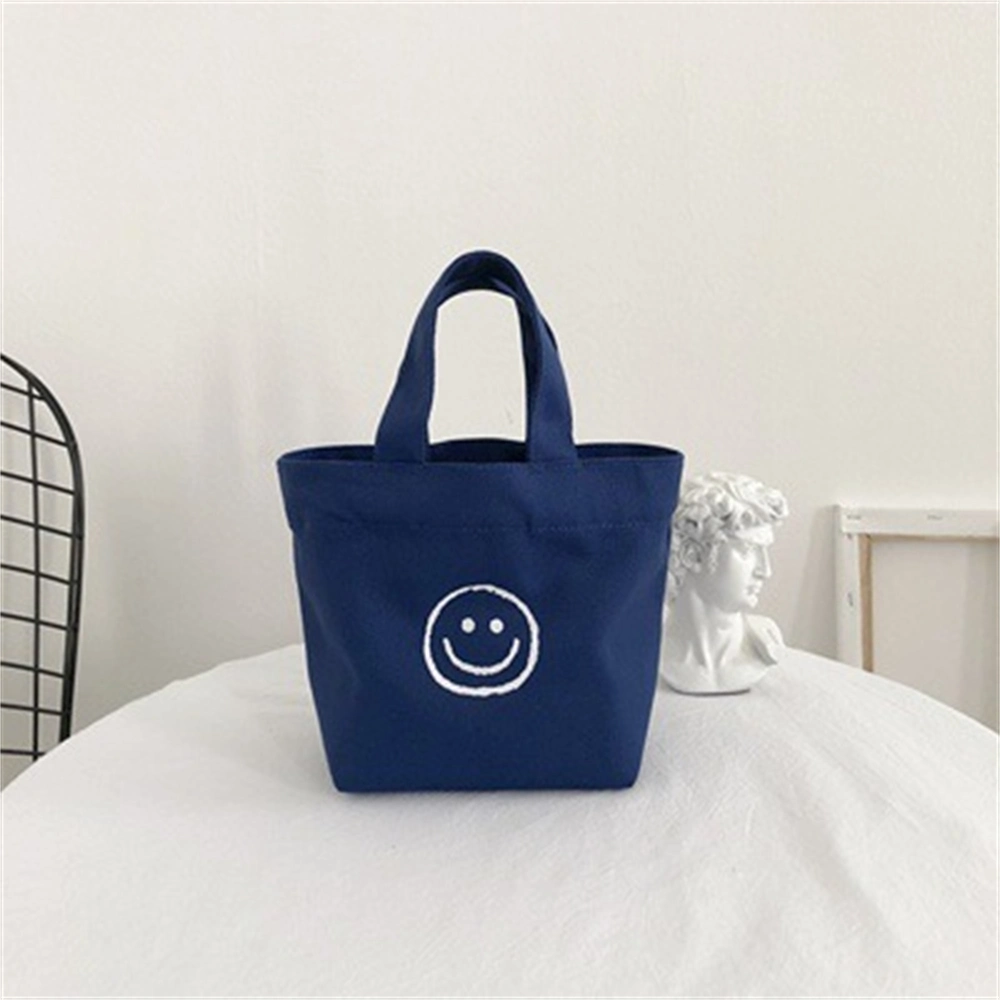 Customized New Year Fashion Eco-Friendly Reusable Small Advertising Smiling Face Printed Handle Shopping Gift Beach Organic Nature Calico Canvas Cotton Tote Bag