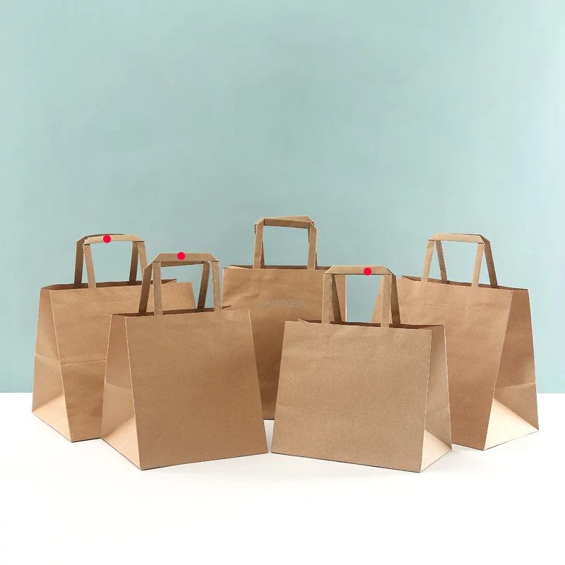 Logo Printed Takeaway Flat Brown Handle Kraft Grocery Paper Bag with Twist Handle