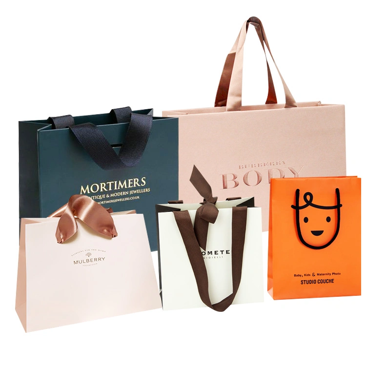 China Wholesale Luxury Printed Logo Custom Fashion Packaging Ribbon Handles Tote Paper Shopping Bags for Garment/ Wine/Christmas Packaging