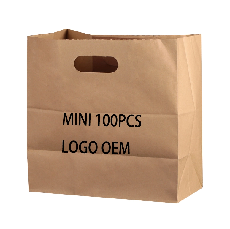 Recycled Grocery Supermarket Restaurant Fast Food Pizza Brown Kraft Paper Bags with Die Cut Handle