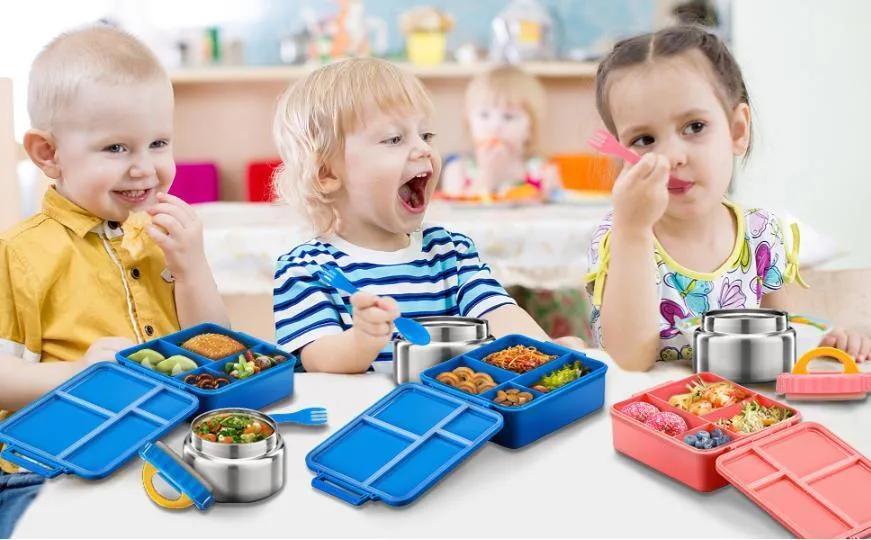 Aohea Plastic Food Box 4 Compartments Kids Bento Box with Food Jar Lunch Box Bento Kids Lunch Box for School Child Lunchbox