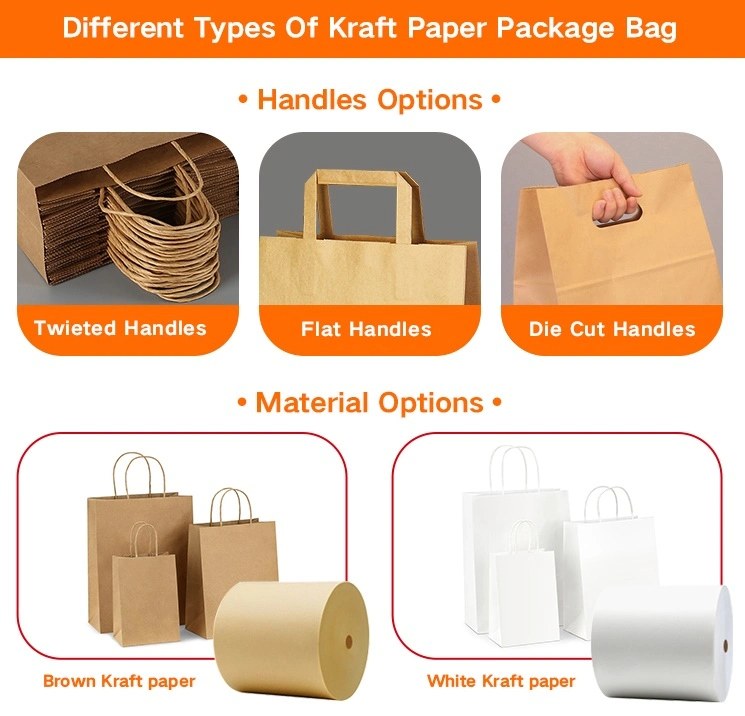 Recycled Grocery Supermarket Restaurant Fast Food Pizza Brown Kraft Paper Bags with Die Cut Handle