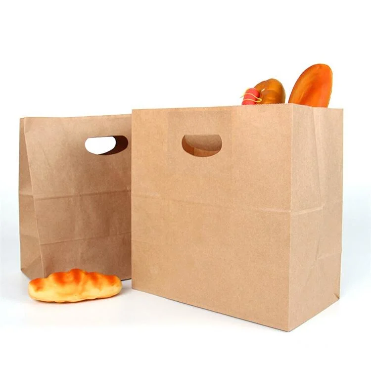 Recycled Grocery Supermarket Restaurant Fast Food Pizza Brown Kraft Paper Bags with Die Cut Handle