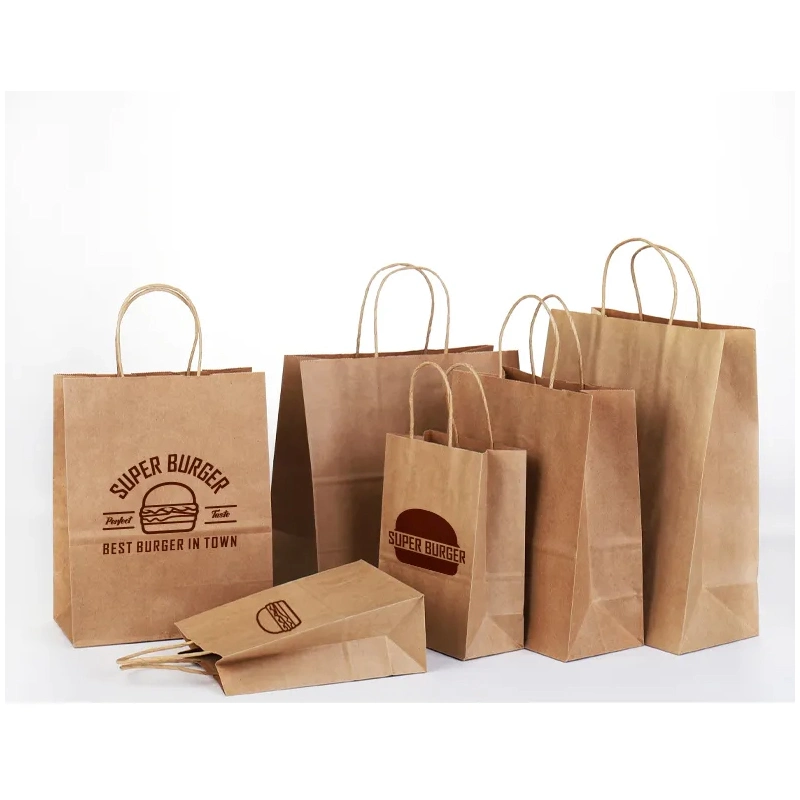 Custom White Craft Paper Bag for Takeout Fast Food with Handles