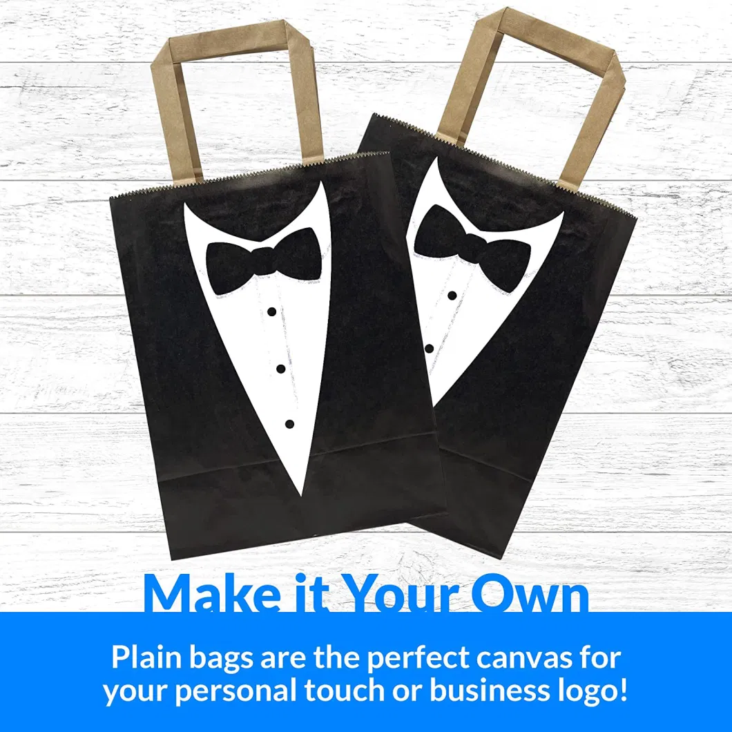 Fashionable Small Black Paper Gift Bags with Reinforced Brown Flat Handles