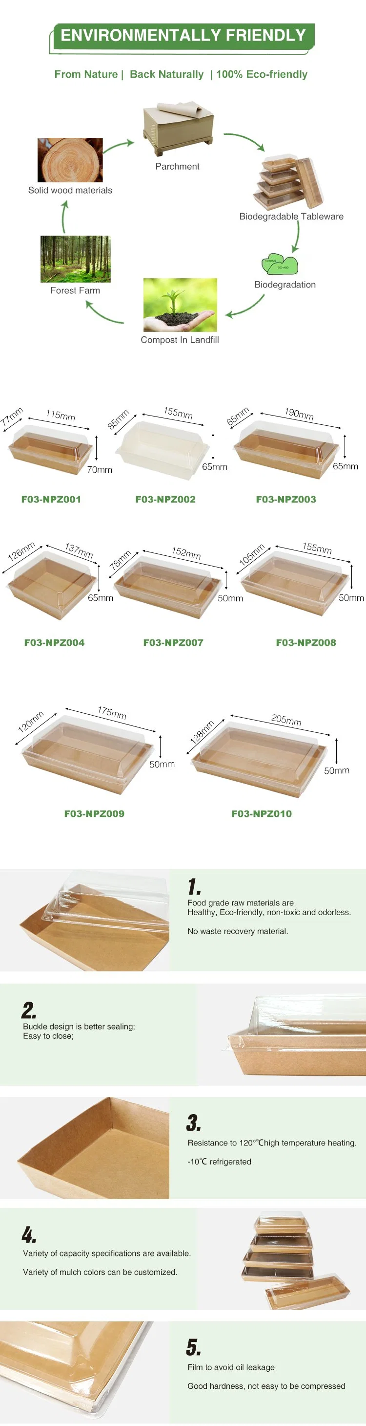 Brown/White Kraft Paper Disposable Sushi Container Food Packaging Box Sandwich Paper Box with Anti Fog Pet Lid