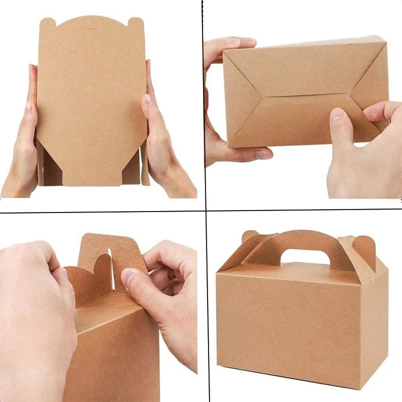 Eco Friendly Brown Kraft Paper Gable Gift Boxes with Handle for Party