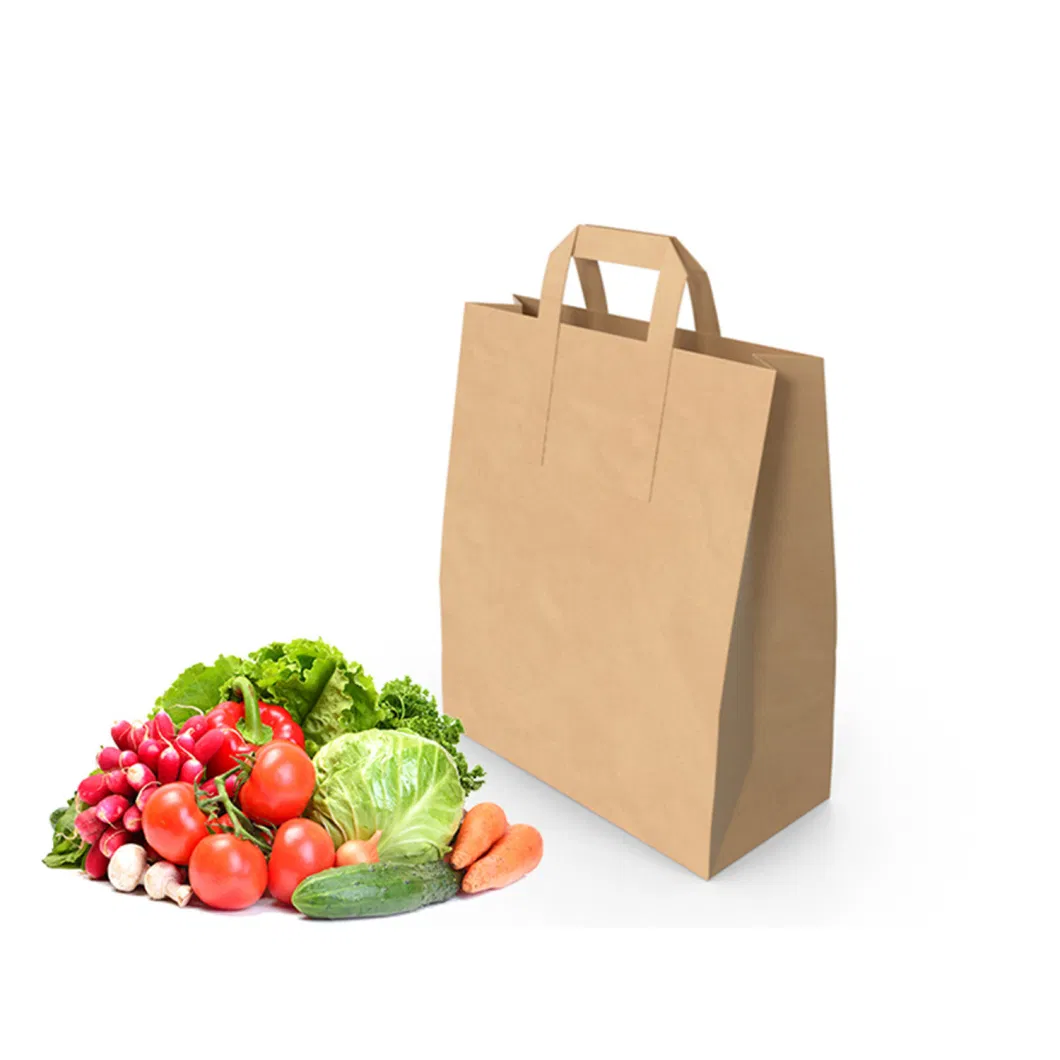 Wholesale Custom Recycled Food Takeaway Packaging Brown Kraft Paper Bag with Flat Handles