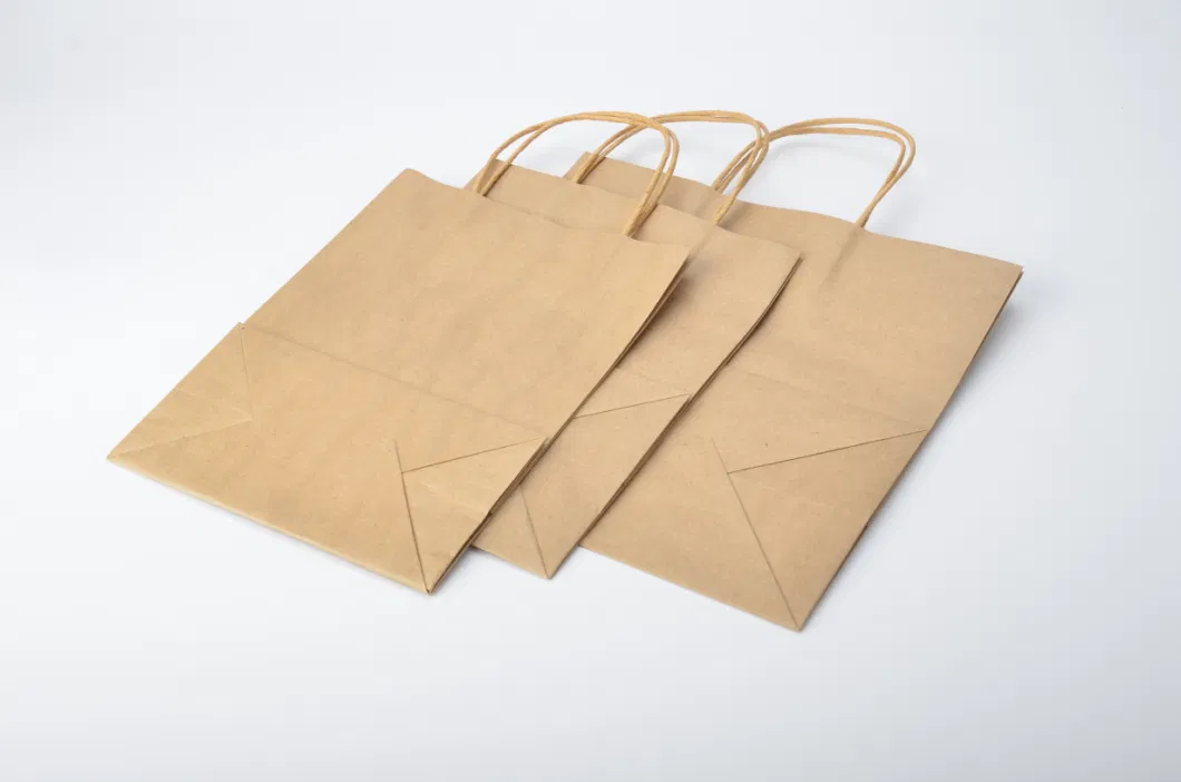 Logo Printed Takeaway Flat Brown Handle Kraft Grocery Paper Bag with Twist Handle