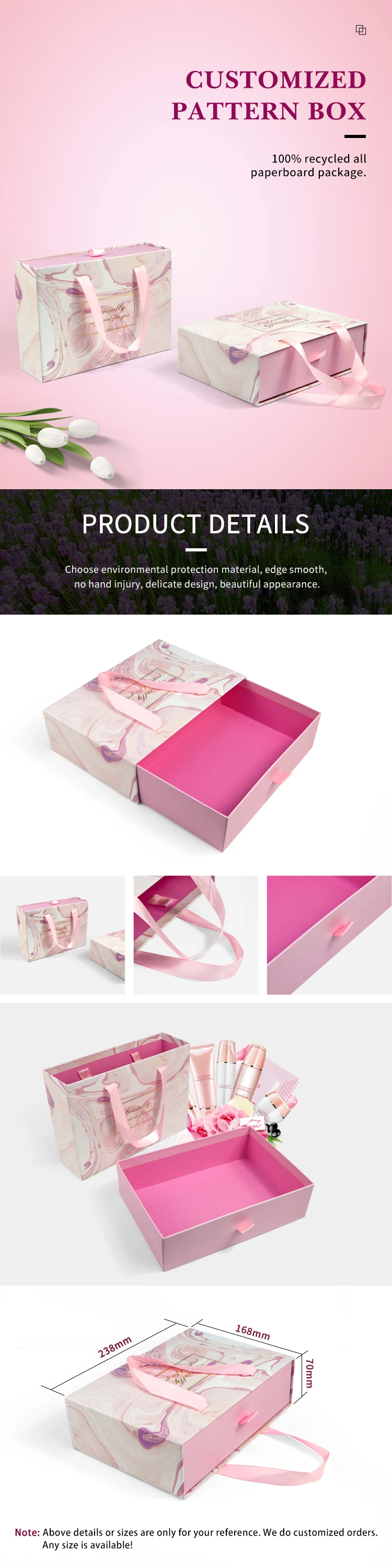 Firstsail Customized Pink Cosmetic Perfume Scarves Hair Wig Jewelry Luxury Drawer Lash Paper Packaging Box with Ribbon Handle