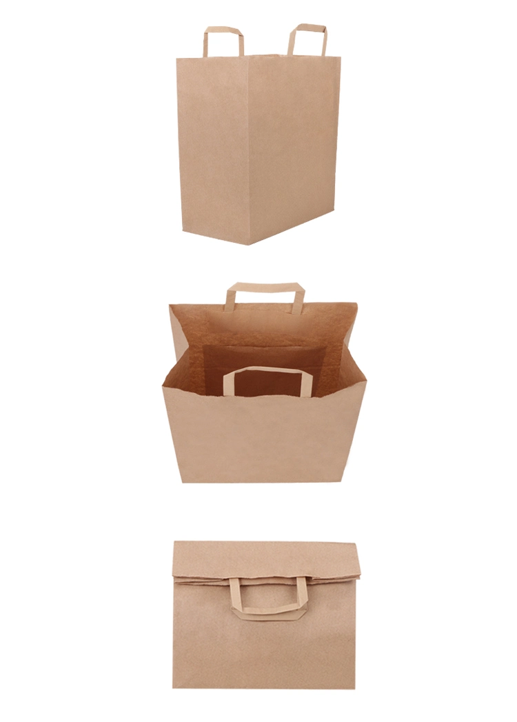 Eco Custom Made Print Take out Coffee to Go Brown Flat Handle Take Away Fast Food Packaging Kraft Paper Bag Restaurant Carry Bag