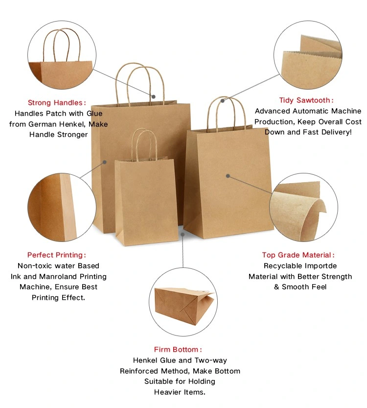 Carry out Bags Restaurant Fast Food Grade Biodegradable Takeaway Shopping Custom Printed Store Brown Kraft Paperbag