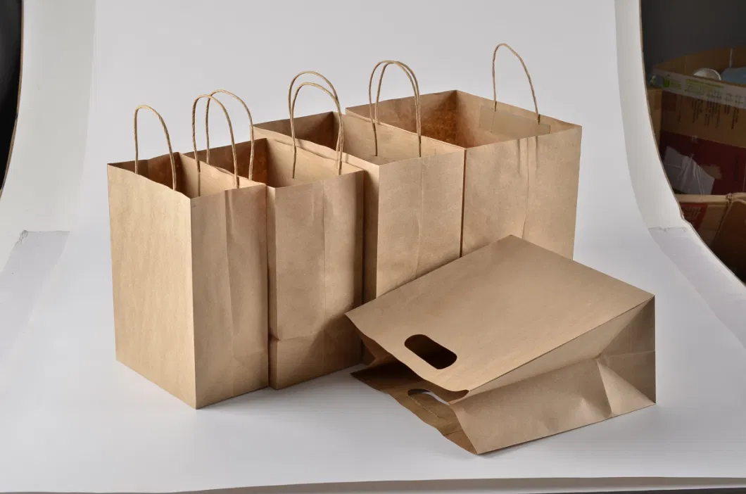 Logo Printed Takeaway Flat Brown Handle Kraft Grocery Paper Bag with Twist Handle