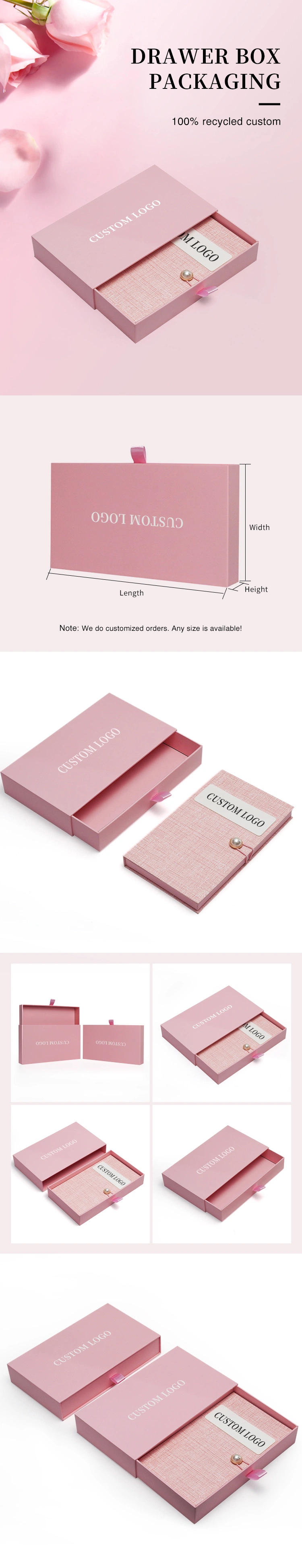 Firstsail Customized Pink Cosmetic Perfume Scarves Hair Wig Jewelry Luxury Drawer Lash Paper Packaging Box with Ribbon Handle