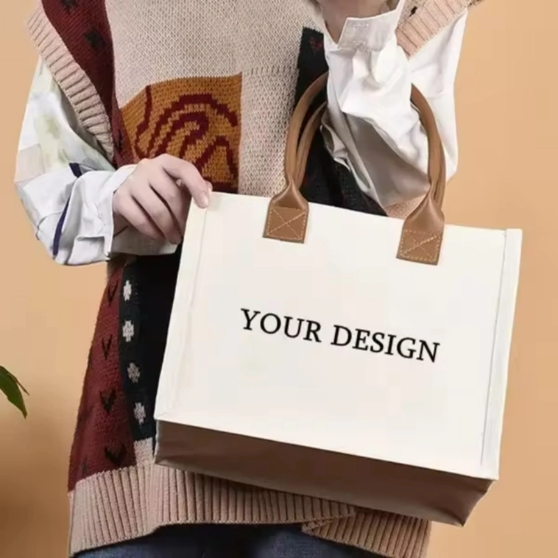 Friendly Luxury Fashion Eco-Friendly Organic Cotton Gift Tote Bag Brown PU Handle Canvas Beach Tote Bag