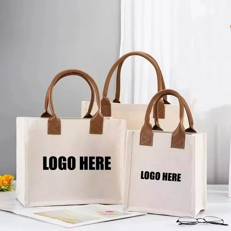 Friendly Luxury Fashion Eco-Friendly Organic Cotton Gift Tote Bag Brown PU Handle Canvas Beach Tote Bag