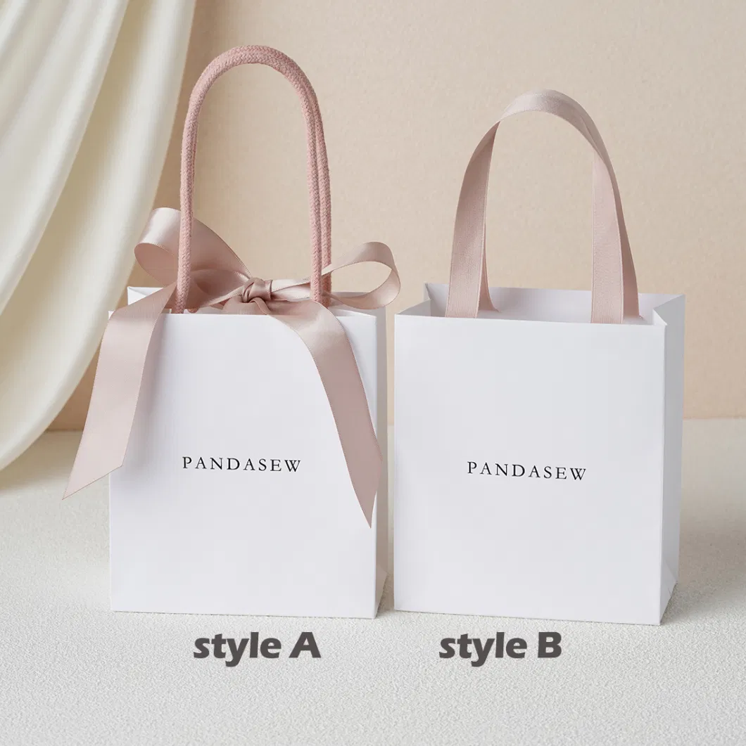 Pandasew Custom Logo White Bowknot Ribbon Kraft Handle Shopping Jewelry Art Cosmetic Handle Gift Kraft Paper Package Bag