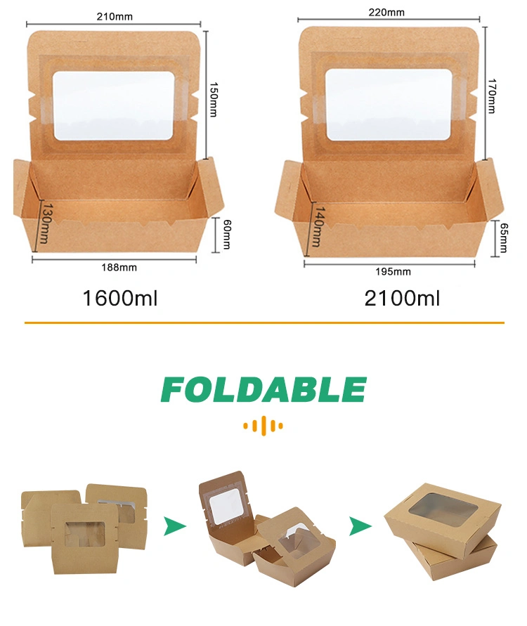 Disposable Biodegradable Kraft Clamshell Paper Food Box with Window for Take-Away Packaging