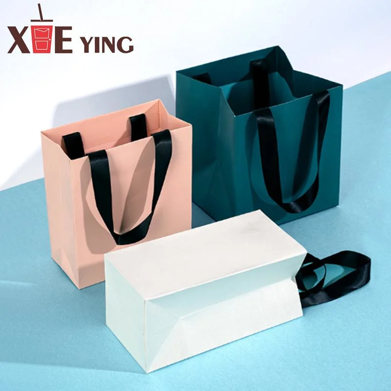 Custom Printed Paper Bags Cardboard Luxury White Kraft Paper Gift Bag with Ribbon Handle for Paper Bag