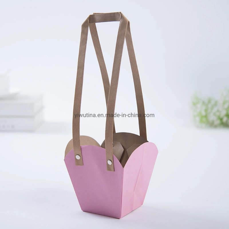 Customize Creative Kraft Cardboard Paper Bag Flowers Potted Landscape Packaging Box Gift Handle Bag Carrier Bags