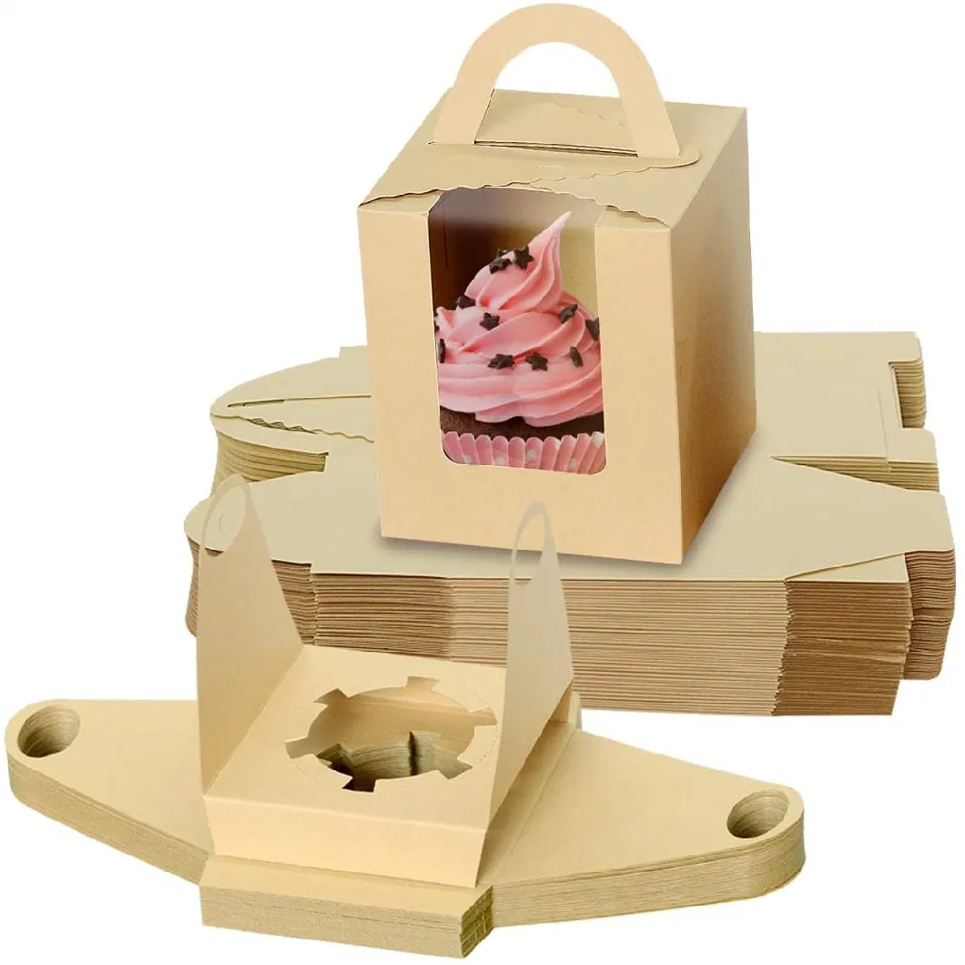 Custom Logo Cupcake Dessert Kraft Paper Packaging Bakery Chocolate Cake Gift Box with Handle