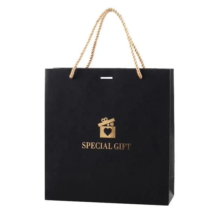 Luxury Black Gift Paper Bag Custom Printed Logo for Shoes Clothes Shopping Wedding Gift Jewelry Packaging with Ribbon Handles