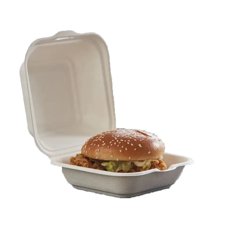 Disposable Compostable Bagasse Biodegradable Quality 5&quot; X 5&quot; Clamshell Burger Box