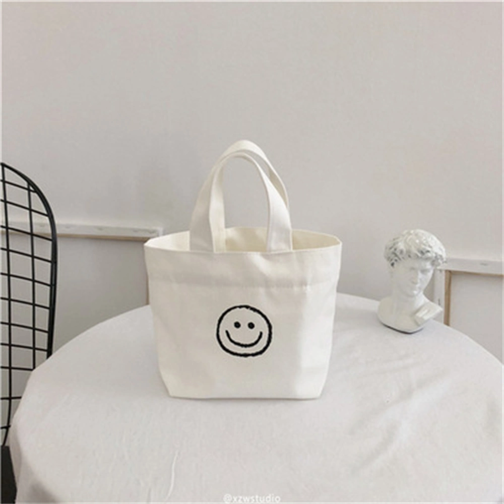 Customized New Year Fashion Eco-Friendly Reusable Small Advertising Smiling Face Printed Handle Shopping Gift Beach Organic Nature Calico Canvas Cotton Tote Bag