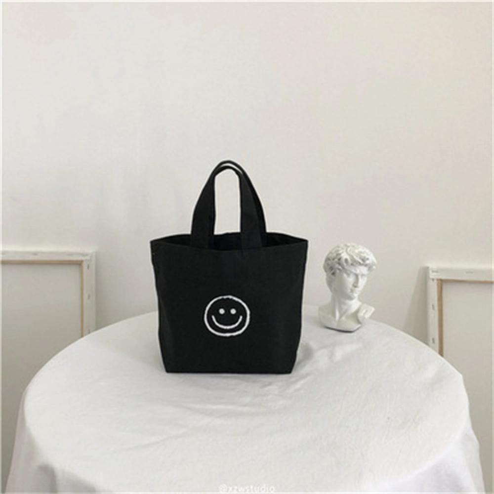 Customized New Year Fashion Eco-Friendly Reusable Small Advertising Smiling Face Printed Handle Shopping Gift Beach Organic Nature Calico Canvas Cotton Tote Bag