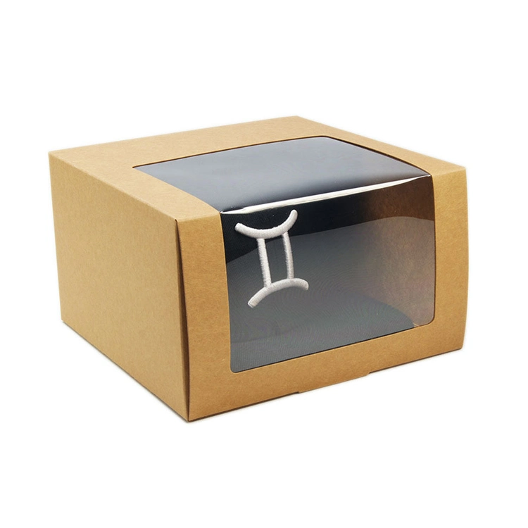 Folding Brown Kraft Base Boll Cap Hat Packaging Box with Clear Window