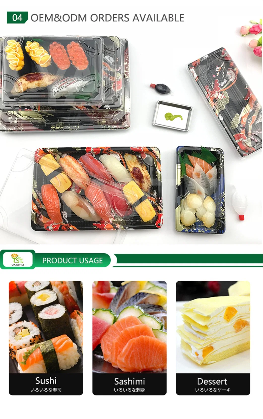 Hot Selling New Pattern Food Packaging Plastic Disposable Take Away Japanese Sushi Plate Boxes with Lid