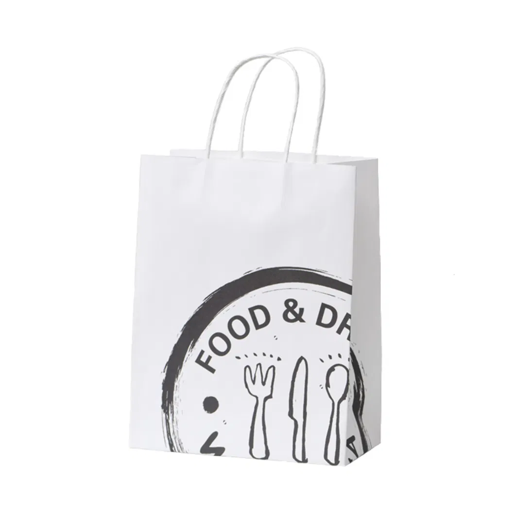 White Kraft Paper Gift Packaging Shopping Craft Paper Bag with Logo Printing Pizza Food Takeaway Bag