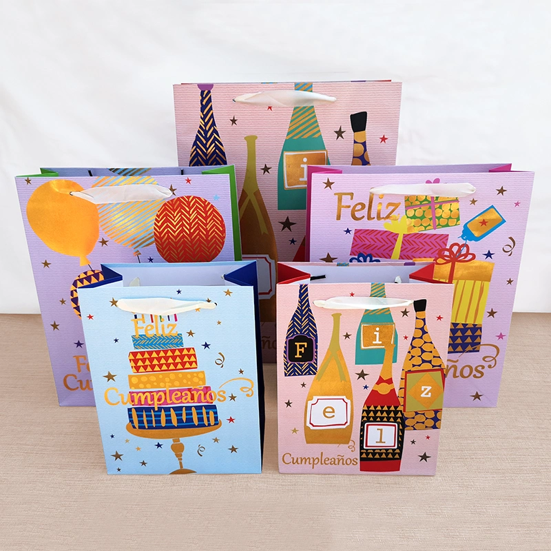Custom Logo Factory Directly Supply Portable Birthday Merchandise Wedding Wine Sweet Food Packaging Carrier Ribbon White Cardboard Paper Tote Gift Shopping Bag