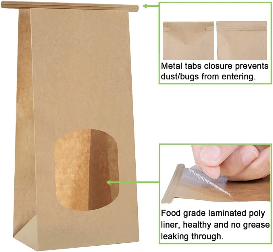 Brown Kraft Bakery Bread Paper Bag with Window Food Grade Packaging Tin Tie Toast Paper Bag Custom Cake Bag