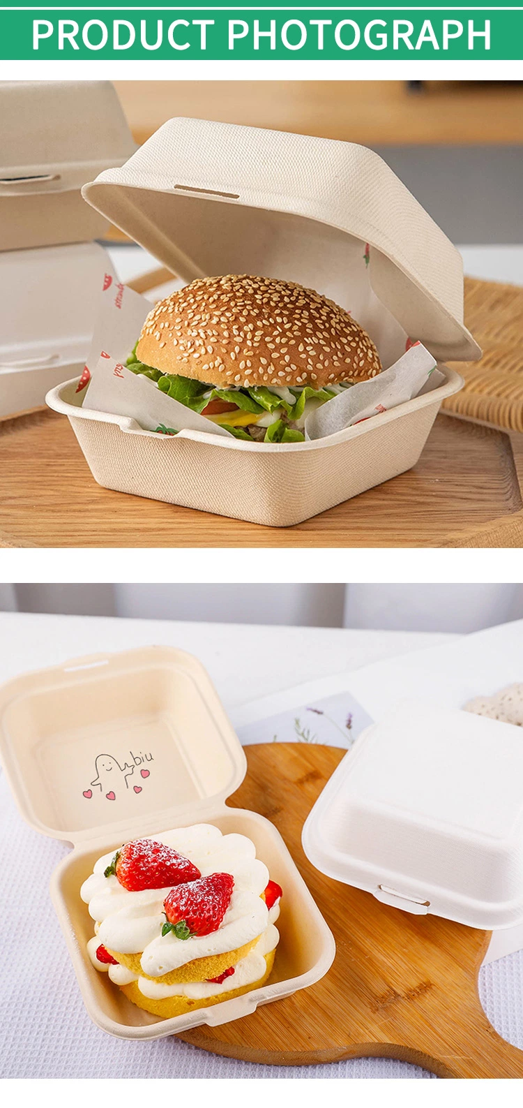 Biodegradable Takeaway Take Away Pizza Hamburger Burger Bento Meal Fast Food Packing Pulp Sugarcane Bagasse Lunch Paper Box