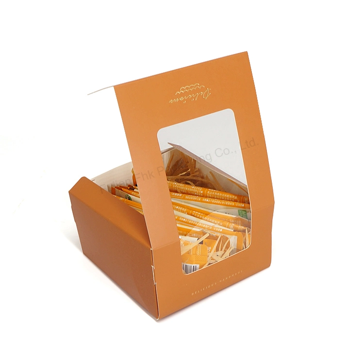 Brown Bakery Cake Packaging Boxes Coated Kraft Card Paper Box with Pet Transparent Window Foldable Take Away Food Packaging