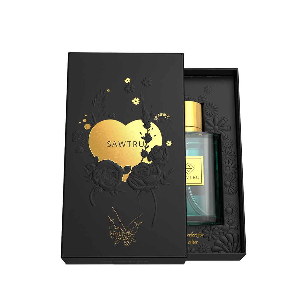 Sawtru Custom Gold Foil Logo Black Luxury Cardboard Paper Perfume Box for Packaging Gift