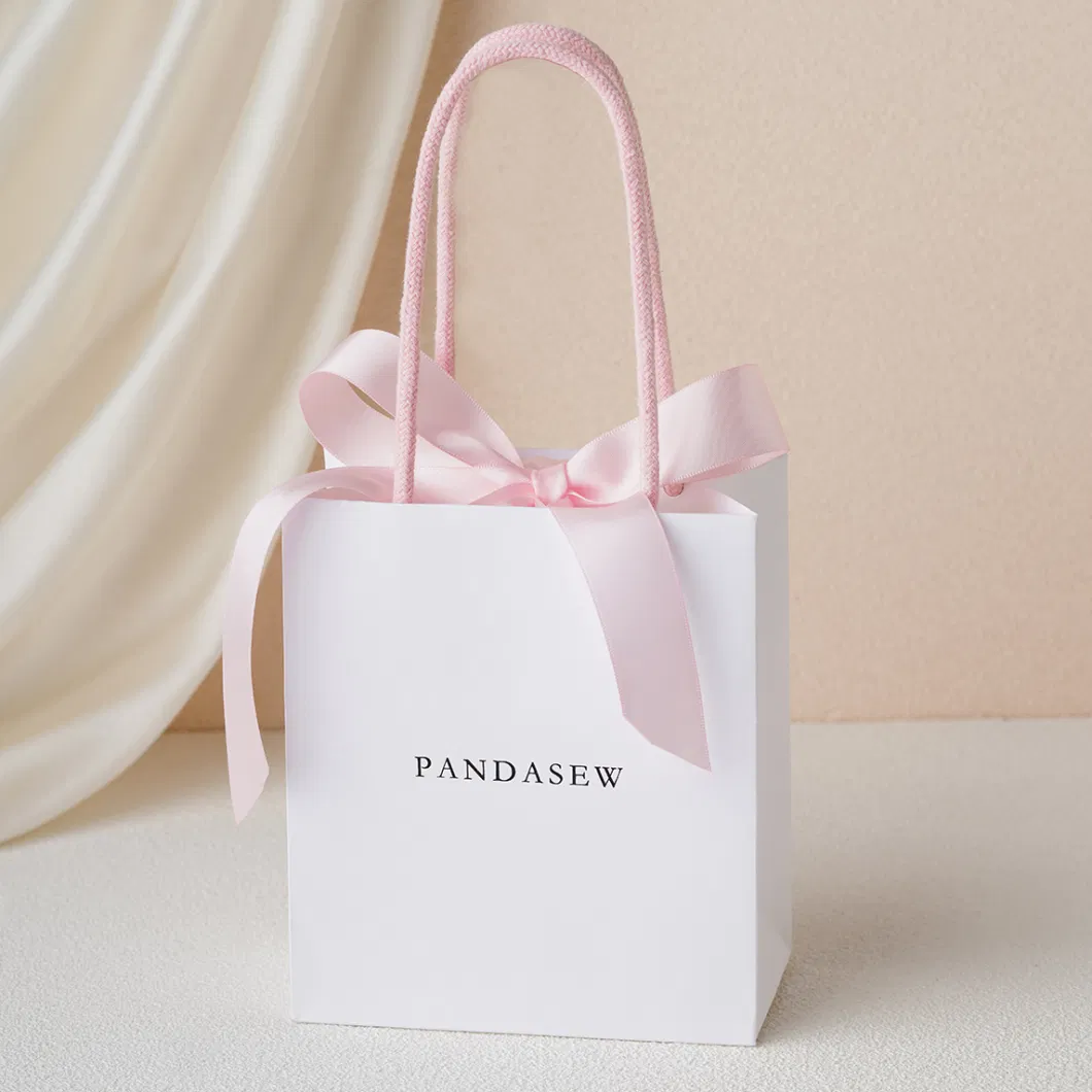 Pandasew Custom Logo White Bowknot Ribbon Kraft Handle Shopping Jewelry Art Cosmetic Handle Gift Kraft Paper Package Bag