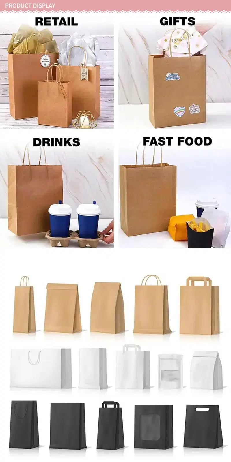 Custom Design Your Own Logo Flat Handle Restaurant Delivery Take out Packaging Carry Brown Kraft Takeaway Food Paper Bag