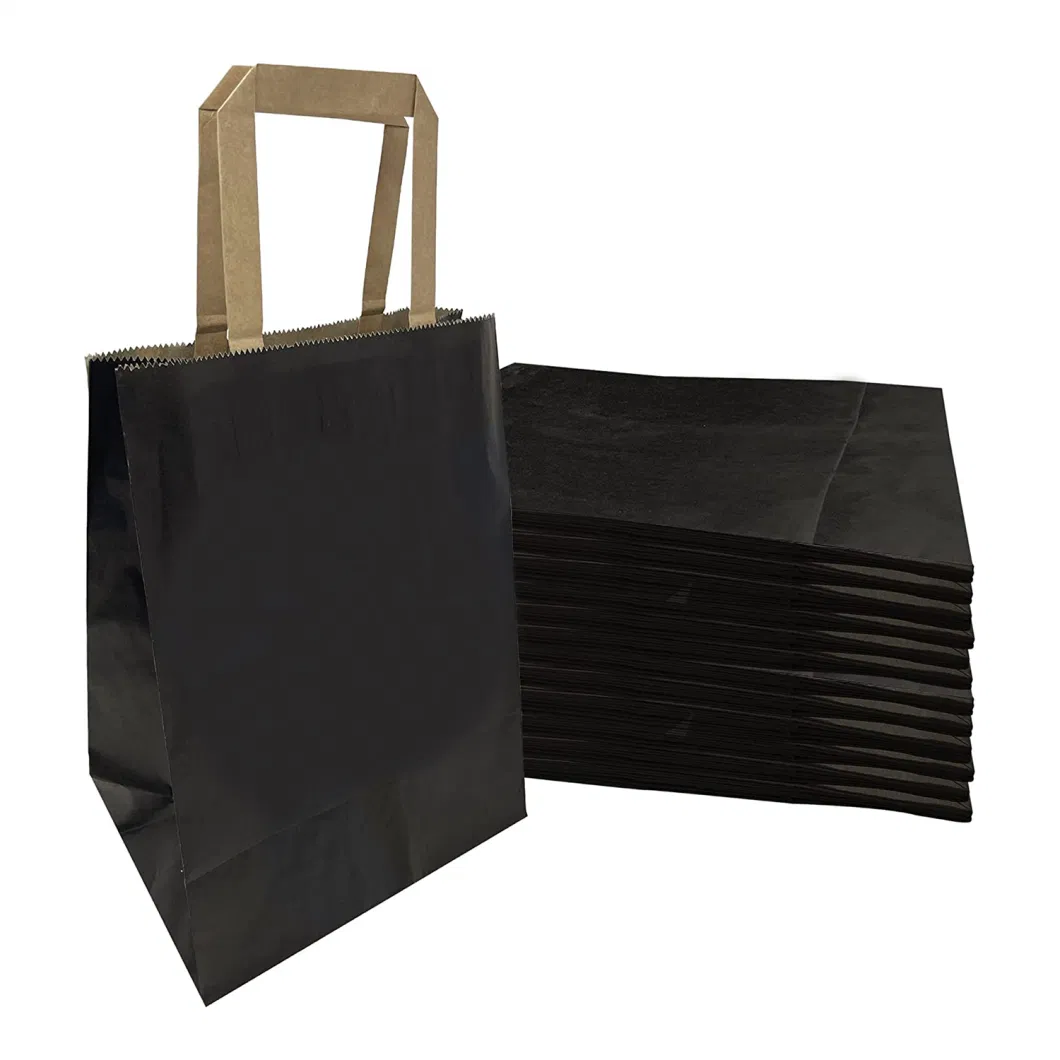 Fashionable Small Black Paper Gift Bags with Reinforced Brown Flat Handles