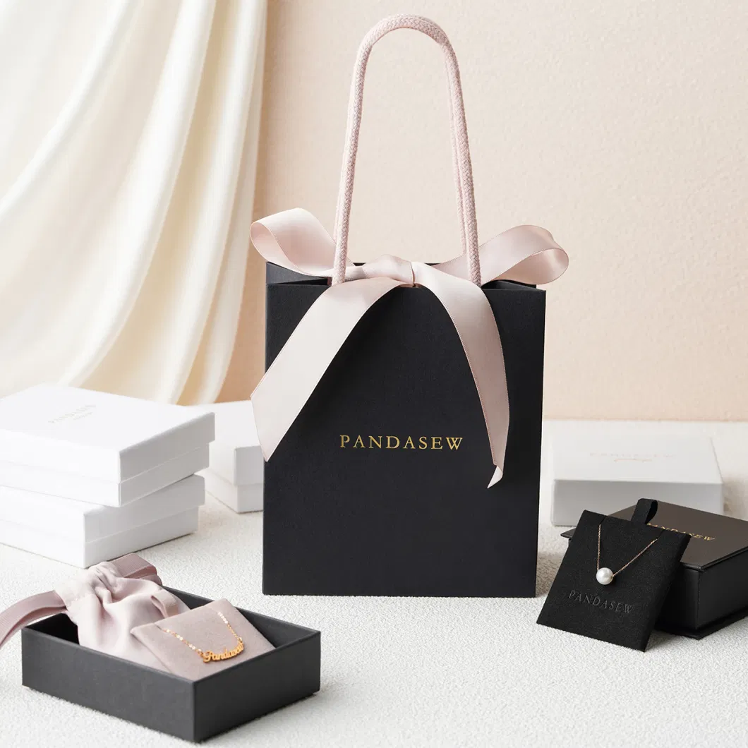 Pandasew Custom Logo White Bowknot Ribbon Kraft Handle Shopping Jewelry Art Cosmetic Handle Gift Kraft Paper Package Bag