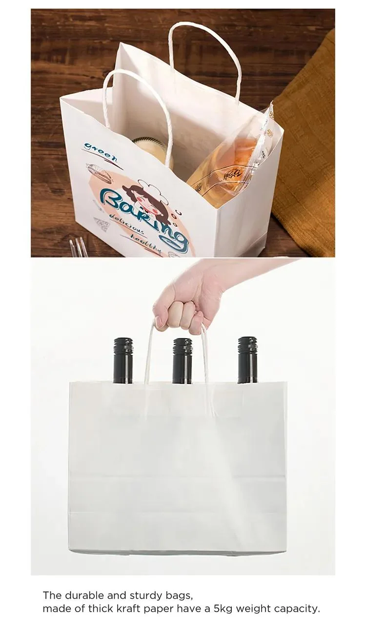 Logo Printed Takeaway Flat Brown Handle Kraft Grocery Paper Bag with Twist Handle