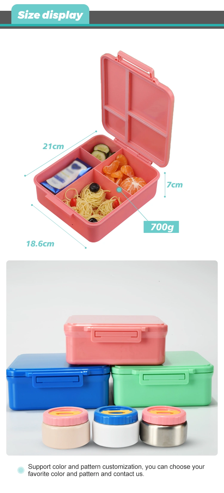 Aohea Plastic Food Box 4 Compartments Kids Bento Box with Food Jar Lunch Box Bento Kids Lunch Box for School Child Lunchbox