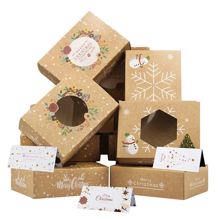 Christmas Gift Kraft Paper Packaging Box with Window Fancy Customized Logo Printing Cookie Macaron Donut Packaging Box