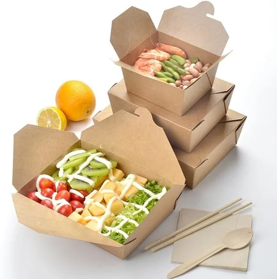 Disposable Takeaway Food Containers Brown Kraft Paper Take out Food Lunch Boxes