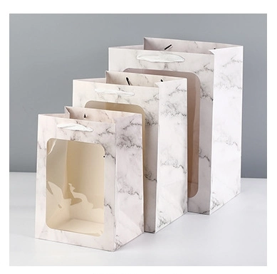 Wholesale Floral Gift Box Open Transparent Window Gift Doll Flower Paper Bag with PVC Mini Cake Clear Window Custom Printing Marble Printing Multi-Color